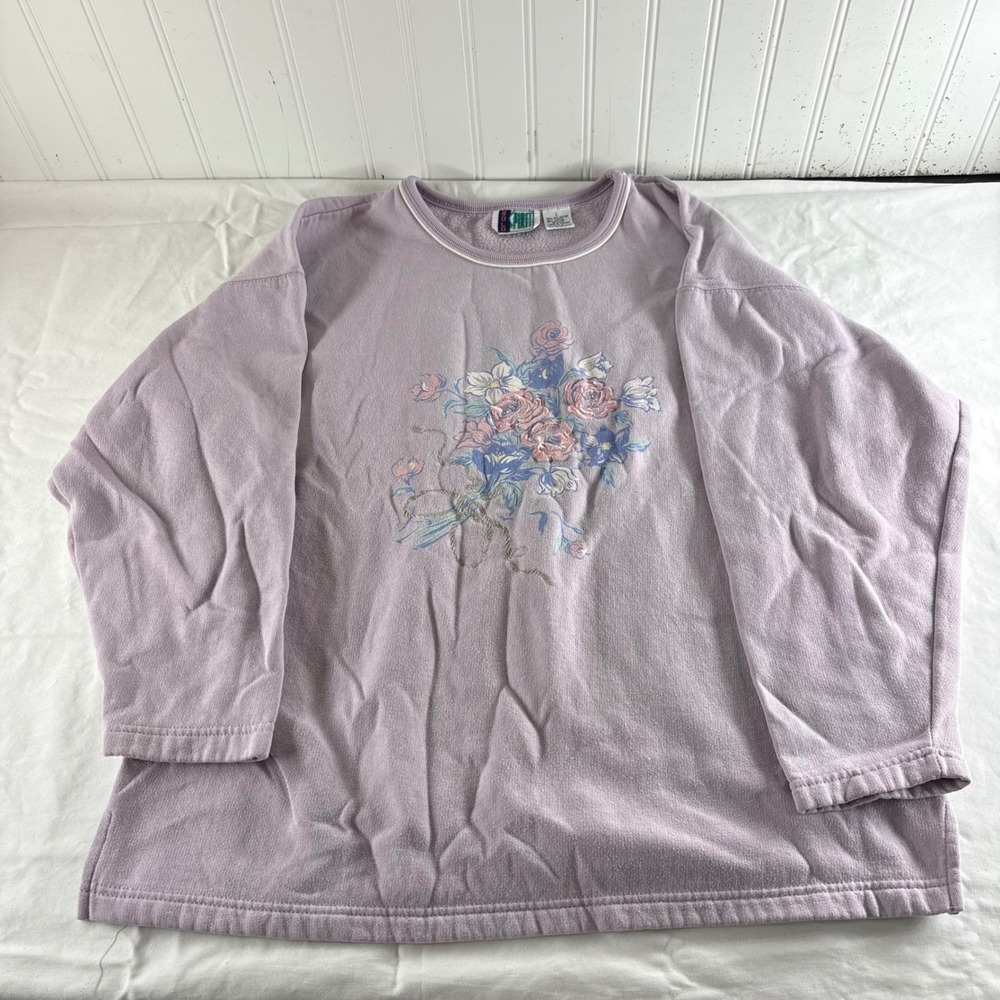 Vintage Bold Spirit Lavender Floral Graphic Sweatshirt Womens Large 90s Purple